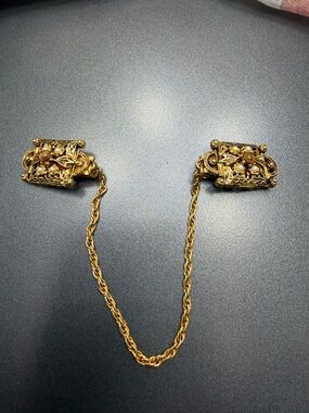 Vintage Gold Filigree Sweater Guard with Pearls and Tigers Eye.
